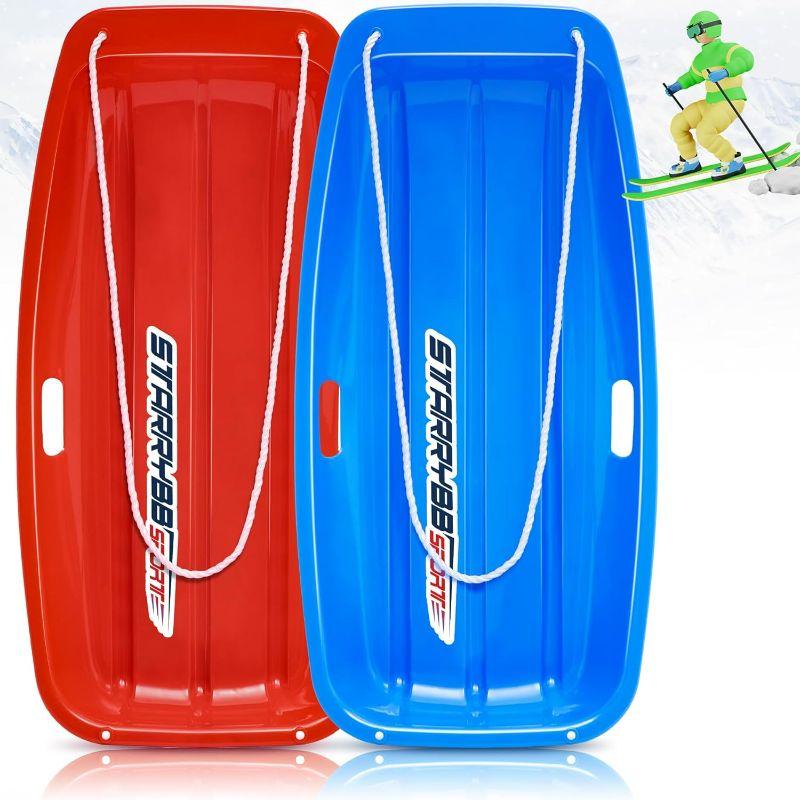 Photo 1 of Snow Sled - 2 Pack Classic Sleds for Kids and Adults Flexible Toboggan with Handles Pull Rope Utility Plastic Sled for Winter Ski Sledding Sand Slider Downhill Outdoor - Blue, Red
