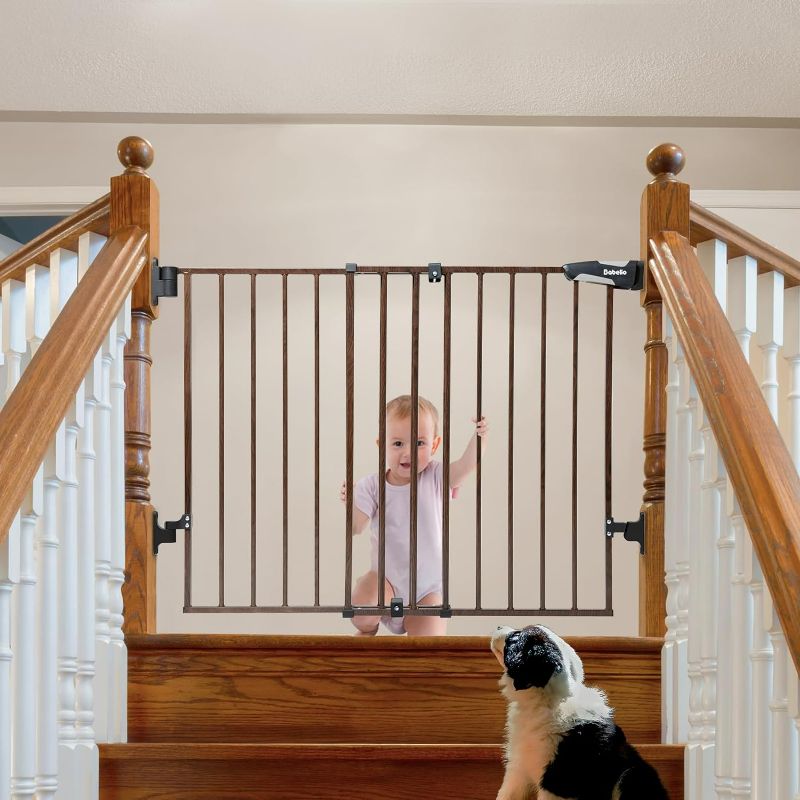 Photo 1 of Babelio 26-43" No Bottom Bar Baby Gate for Babies, Elders and Pets, 2-in-1 Auto Close Dog Gate for The House, Stairs and Doorways, Safety Pet Gates with Large Walk Thru Door, Black Wood Pattern