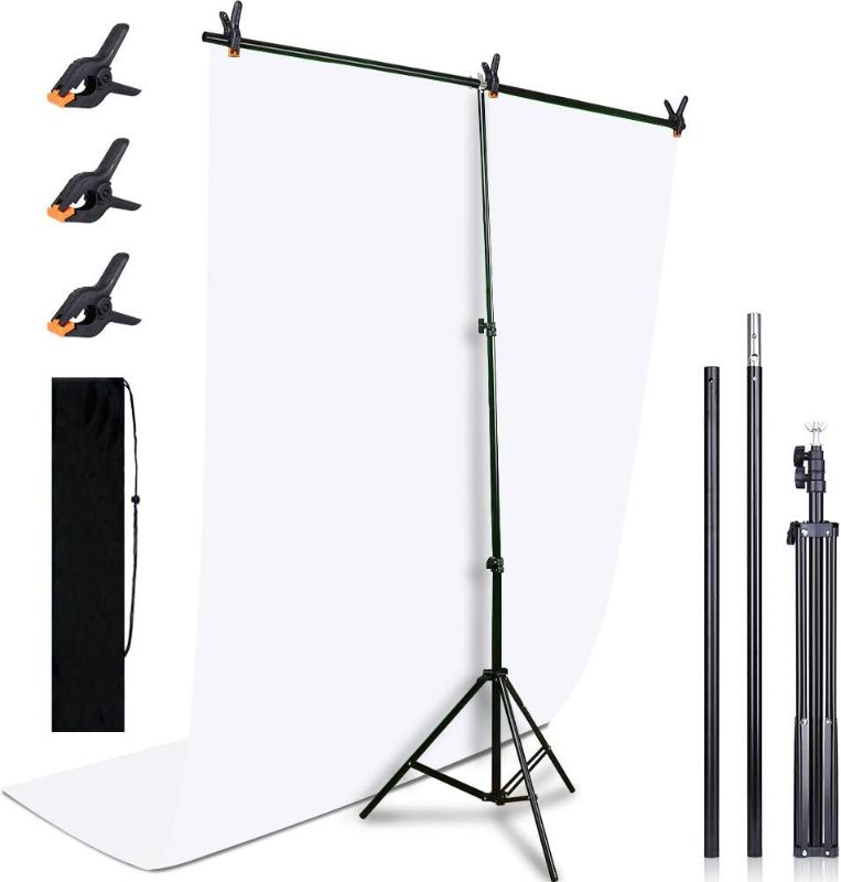 Photo 1 of Kmhesvi Portable White Backdrop with Stand - 5ft x 6.5ft Adjustable T-Shape Stand with White Photo Backdrop, 3P Spring Clamps, 1P Carry Bag for Photoshoot Parties Background