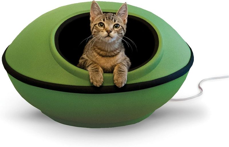 Photo 1 of K&H Pet Products Thermo-Kitty Mod Dream Pod Heated Cat Bed for Large Cats, Indoor Heated Cat Cave, Thermal Cat Mat Hideaway for Small or Large Cats and Kittens 22 Inches Green/Black