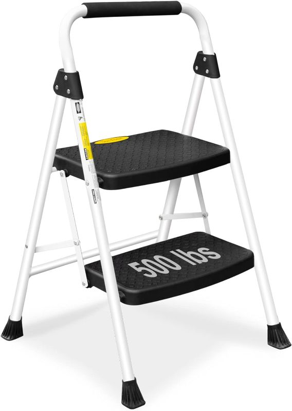 Photo 1 of SocTone 2 Step Ladder, Folding Step Stool for Adults with Handle, Lightweight, Perfect for Kitchen& Household, 500lbs Capacity Sturdy Steel Ladder, White