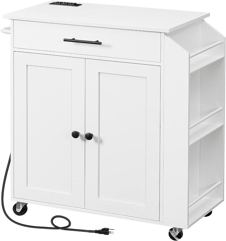 Photo 1 of HOOBRO Kitchen Island with Power Outlet, Kitchen Storage Island with Spice Rack and Drawer, Rolling Kitchen Cart on Wheels, for Home, Kitchen and Dining Room, White WT82UZD01G1