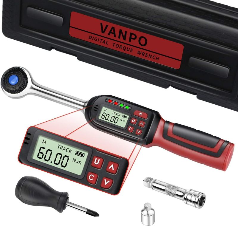 Photo 1 of VANPO 3/8-Inch Drive Digital Torque Wrench, Electronic Torque Wrench (2.2-44.3 ft-lbs./3-60Nm), Torque Wrench Set with Accurate to ±2%, Buzzer & LED Indicator, 1/4 Adapter, Extension Bar for Bike Moto
