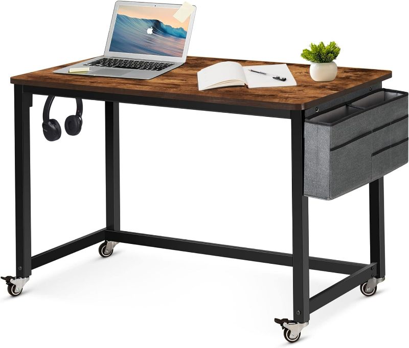 Photo 1 of AHB 47" Rolling Computer Desk with 4 Smooth Wheels and 3 Iron Hooks, Simple Style Mobile Writing Desk Home Office Study Table Movable Workstation with Metal Frame
