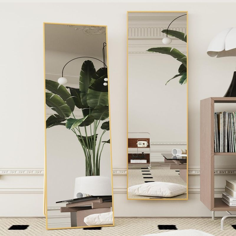 Photo 1 of Beauty4U 59" x 16" Tall Full Length Mirror with Stand, Black Wall Mounting Full Body Mirror, Metal Frame Full-Length Tempered Mirror for Living Room, Bedroom