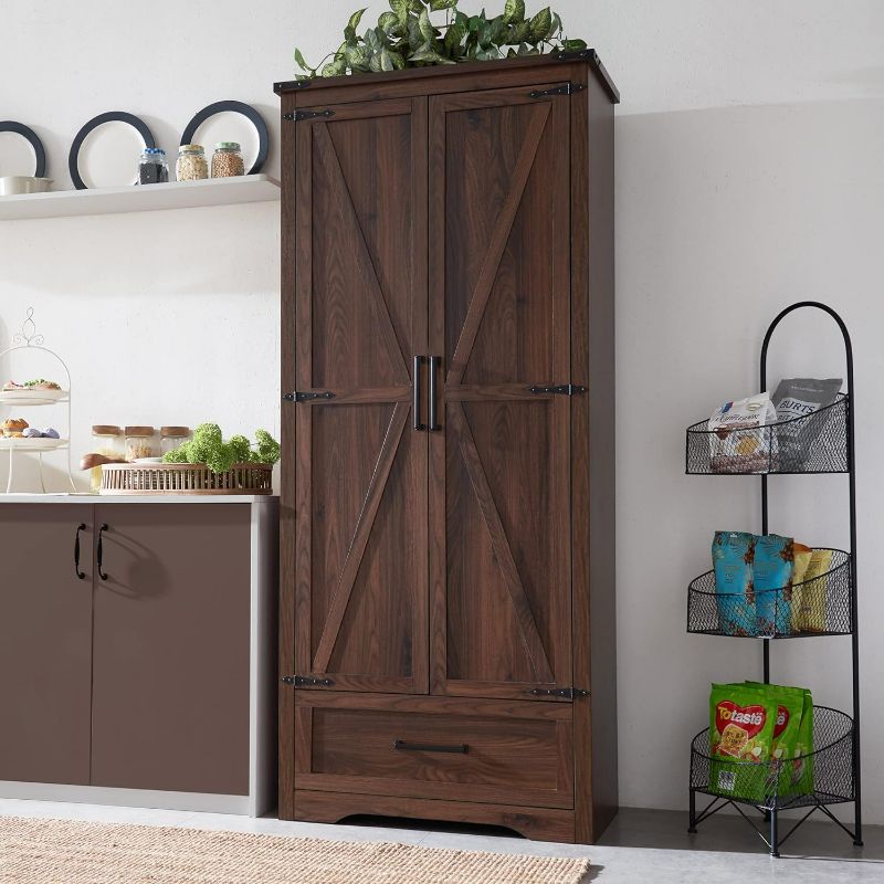 Photo 1 of 72" Tall Farmhouse Kitchen Pantry with Adjustable Shelves, Large Wood Storage Cabinet with Drawer & 2 Barn Doors, Versatile Storage for Kitchen, Dining Room, Bathroom, Living Room, Brown