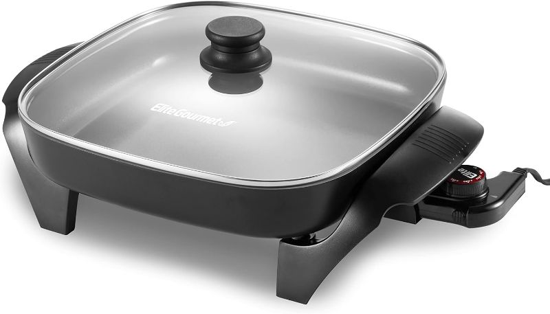 Photo 1 of Elite Gourmet EG2212 12"x12"x2.15” Healthy Ceramic Coated Electric Skillet, Dishwasher Safe, Rapid Heat Up, 1200W, Dark Grey