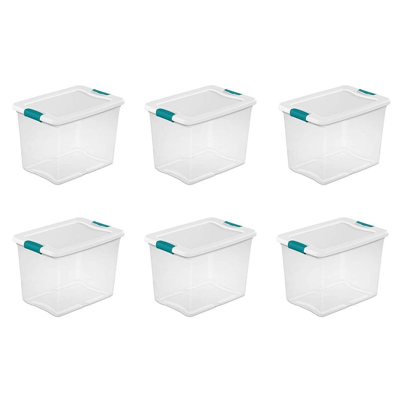 Photo 1 of Sterilite 25 Qt Latching Storage Box, Stackable Bin with Latch Lid, Plastic Container to Organize Closet Shelf, Clear with White Lid, 6-Pack