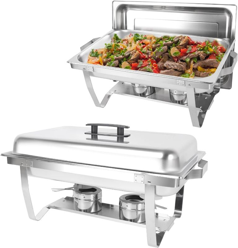 Photo 1 of Chafing Dish Buffet Set of 2, 8QT Stainless Steel Rectangular Chafers and Buffet Warmer Sets for Catering, with Food & Water Pan, Lid, Foldable Frame, Fuel Holder for Event Party Holiday