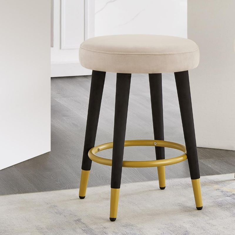 Photo 1 of 24KF Modern Upholstered Round Counter Height Bar Stools for Kitchen Island, 26“H Velvet Padded Barstool Bar Chair - 5086-Taupe