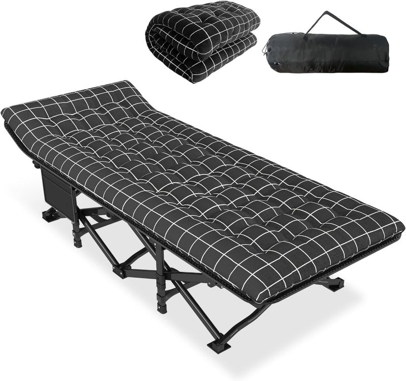 Photo 1 of ATORPOK Camping Cot for Adults with Cushion Comfortable,Portable Folding Bed for Sleeping,Lightweight Folding Bed with Carry Bag for Kids Supports 450 lbs (Black)