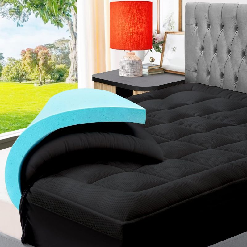 Photo 1 of ELEMUSE Dual Layer 3 Inch Memory Foam Mattress Topper King, 2 Inch Cooling Gel Memory Foam Plus 1 Inch Pillow Top Cover, Rayon Made from Bamboo Fabric, Comfort Support Back Pain Relief, Black