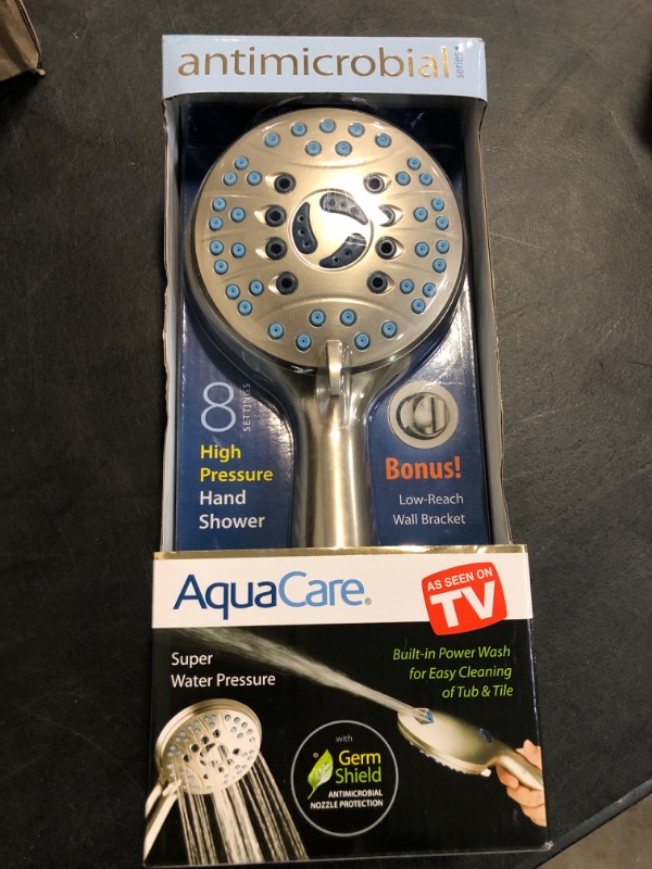 Photo 2 of As-Seen-On-TV High Pressure 8-setting Handheld Shower Head - Built-in Power Wash to Clean Tub, Tile & Pets, Overhead & Wall Brackets, Pure-Clean Nozzles, Extra-long 6 ft. Stainless Steel Hose Satin Nickel