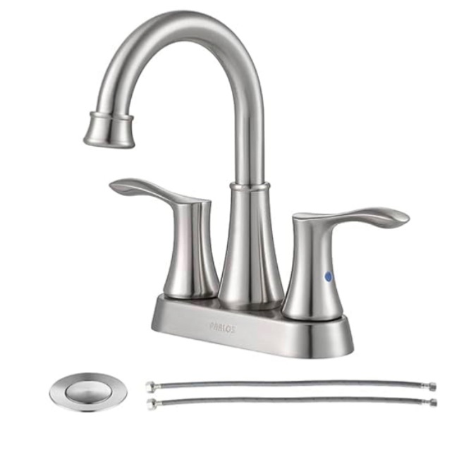 Photo 1 of allen + roth Chesler Brushed Nickel 4-in centerset 2-handle WaterSense Bathroom Sink Faucet with Drain with Deck Plate