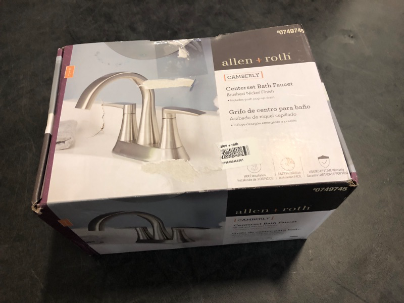 Photo 2 of allen + roth Chesler Brushed Nickel 4-in centerset 2-handle WaterSense Bathroom Sink Faucet with Drain with Deck Plate