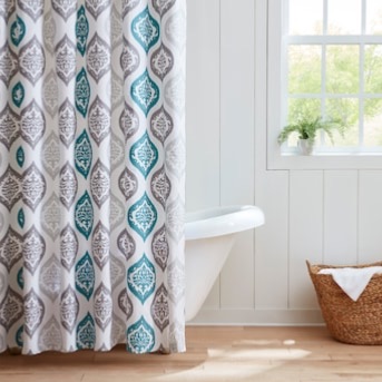 Photo 1 of allen + roth 72-in W x 72-in L Blue Ikat Mildew Resistant Polyester Shower Curtain