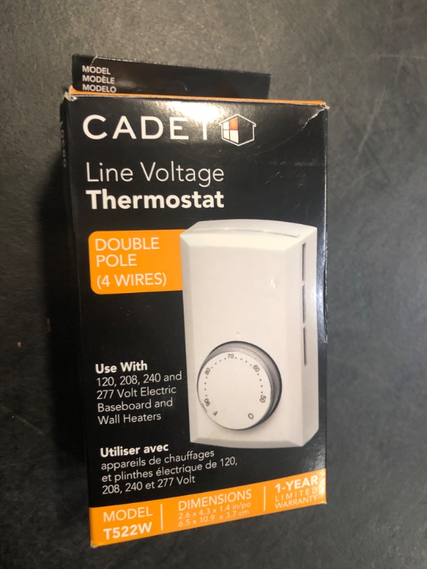 Photo 2 of Cadet Double Pole Mechanical Wall Thermostat for Electric Heaters (Model: T522-W), 22 Amp, White