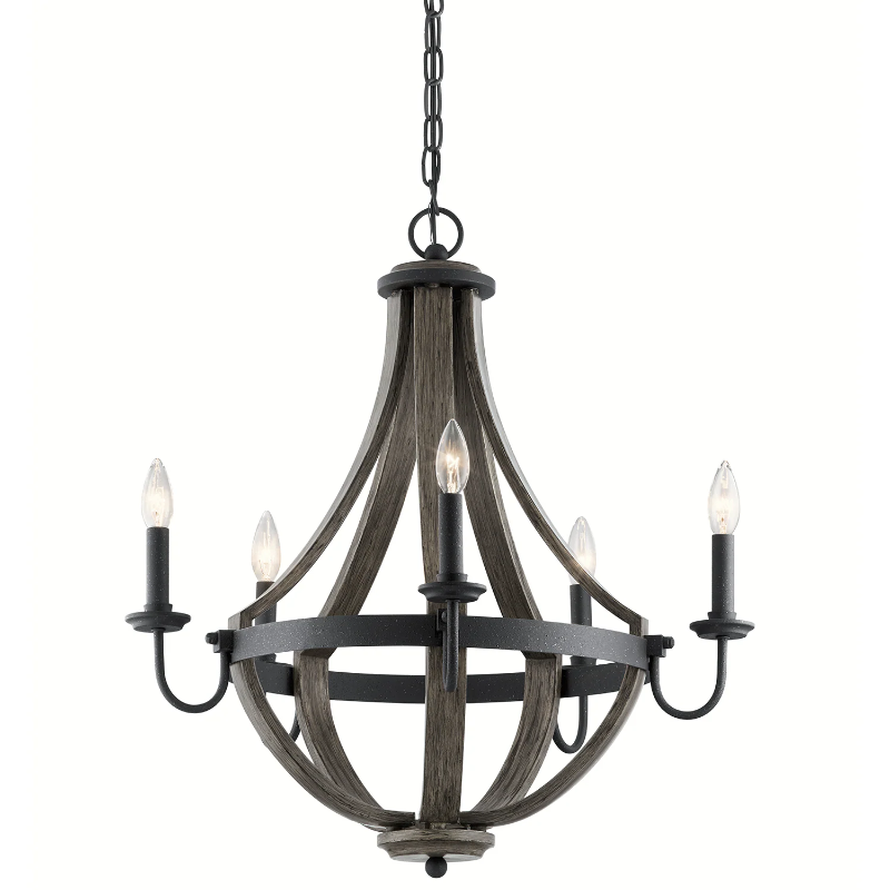 Photo 1 of Kichler Merlot 25-in 5-Light Distressed Black And Wood Barn Candle Chandelier