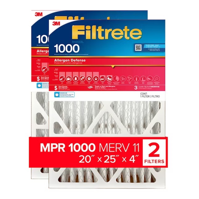 Photo 1 of Filtrete 20-in W x 25-in L x 4-in MERV 11 1000 MPR Allergen Defense Electrostatic Pleated Air Filter (2-Pack)