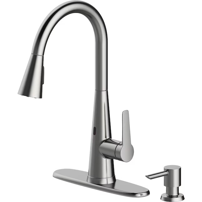 Photo 1 of allen + roth Tolland Stainless Steel Single Handle Pull-down Kitchen Faucet with Deck Plate and Soap Dispenser Included