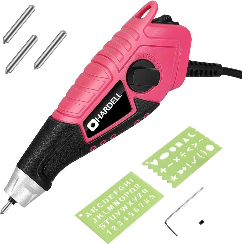 Photo 1 of HARDELL 15W Engraver, 5 Speed Engraving Pen with 2 Stencils and 3 Tungsten Carbide Steel Bits, Handheld Etching Tool for Metal, Wood, Glass, DIY Crafting, Leather, PVC Pipe, Stone?Pink?