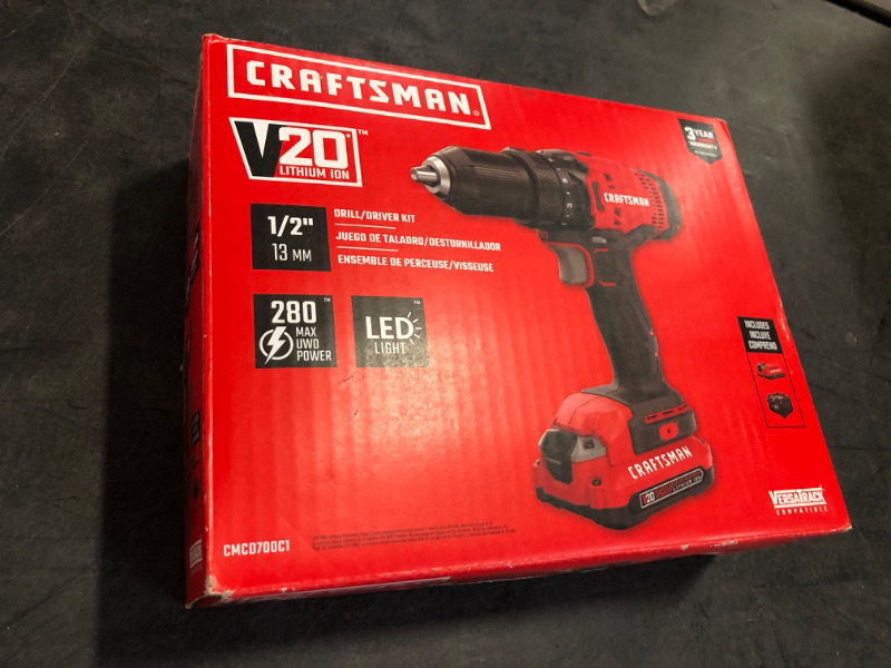 Photo 3 of CRAFTSMAN V20 Cordless Drill/Driver Kit, 1/2 inch, Battery and Charger Included (CMCD700C1) Drill Kit Kit