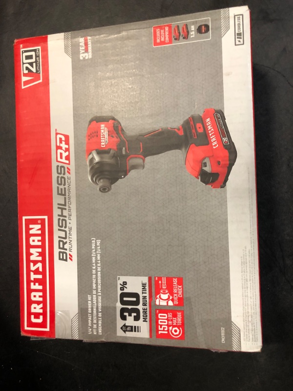 Photo 3 of CRAFTSMAN V20 RP 20-volt Max Brushless Cordless Impact Driver (2-Batteries Included, Charger Included and Soft Bag included)