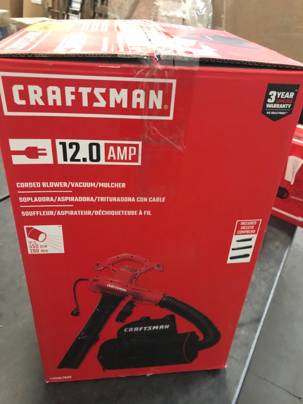 Photo 3 of Craftsman 3-in-1 Leaf Blower, Leaf Vacuum and Mulcher, Up to 260 MPH, 12 Amp, Corded Electric (CMEBL7000)