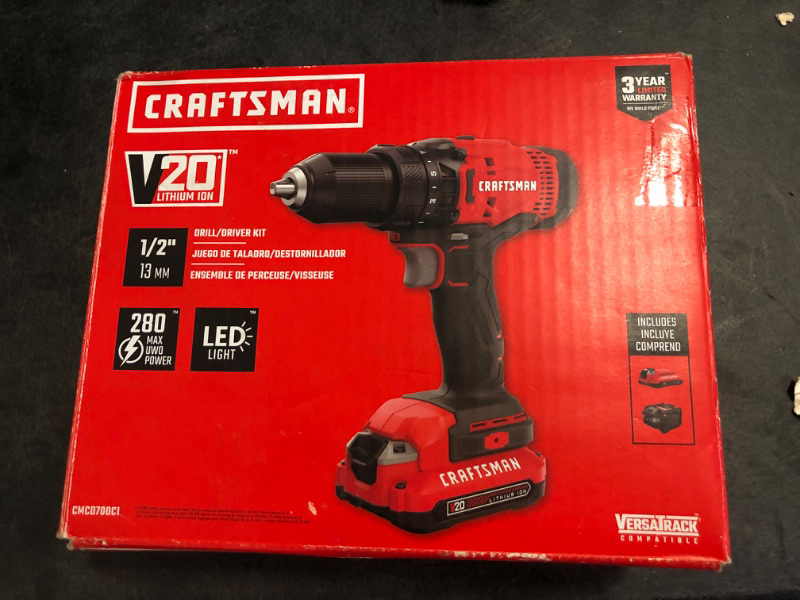 Photo 3 of CRAFTSMAN V20 Cordless Drill/Driver Kit, 1/2 inch, Battery and Charger Included (CMCD700C1) Drill Kit Kit