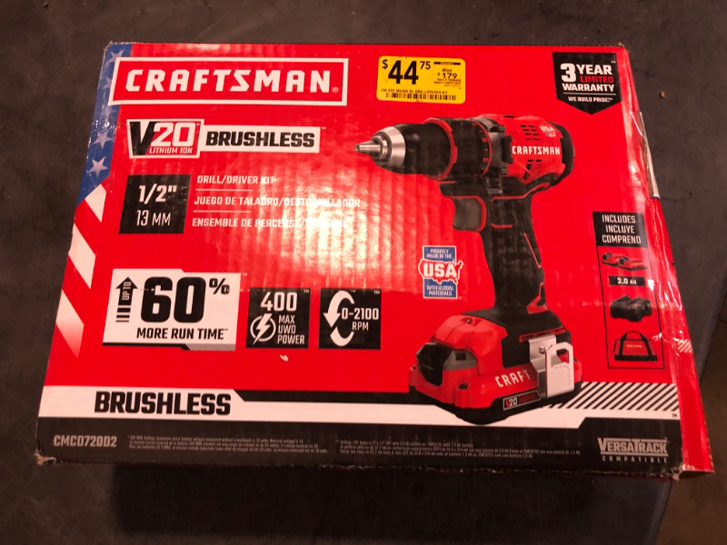 Photo 3 of CRAFTSMAN V20 20-volt 1/2-in Brushless Cordless Drill (2-Batteries Included, Charger Included and Soft Bag included)