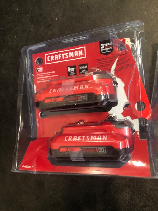 Photo 2 of CRAFTSMAN V20 Lithium Ion Battery, 2.0-Amp Hour, 2 Pack (CMCB202-2) , Red (2) 2.0 AH Batteries