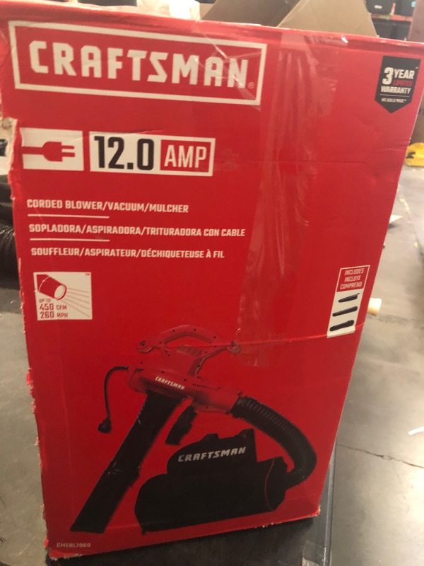Photo 3 of Craftsman 3-in-1 Leaf Blower, Leaf Vacuum and Mulcher, Up to 260 MPH, 12 Amp, Corded Electric (CMEBL7000)
