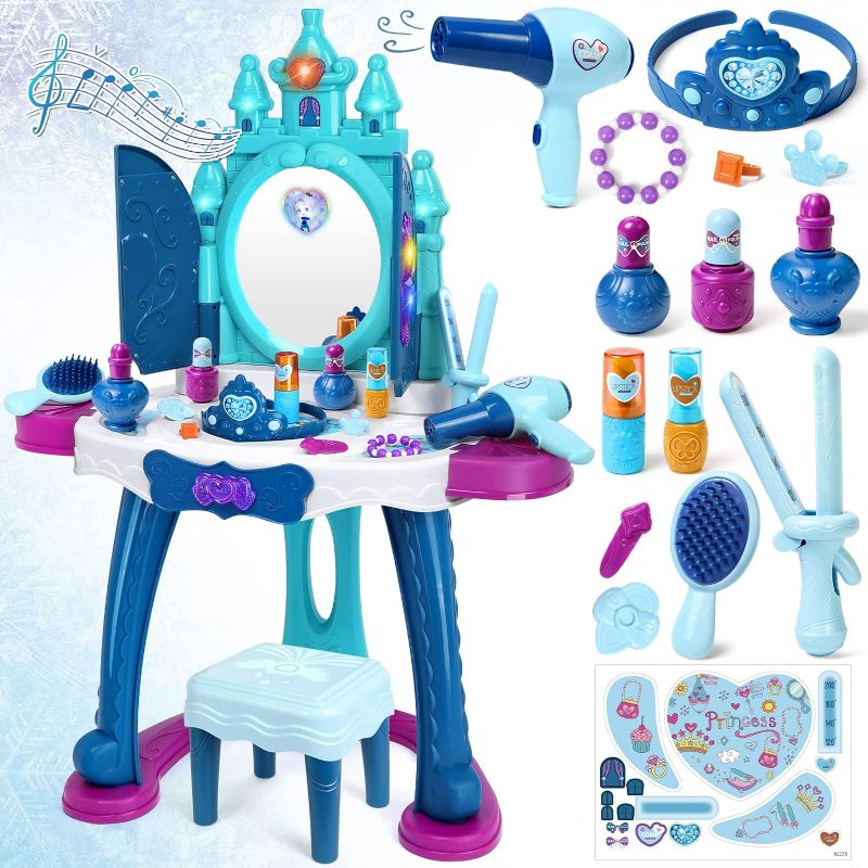 Photo 1 of Kids Vanity Table Toys for 2 3 4 5 Year Old Girls Vanity, Toddler Vanity Set for Little Girl with Sound Light Induction & Beauty Accessories Makeup Table for Kid Princess Vanity Toy Set Girl Toy Gifts