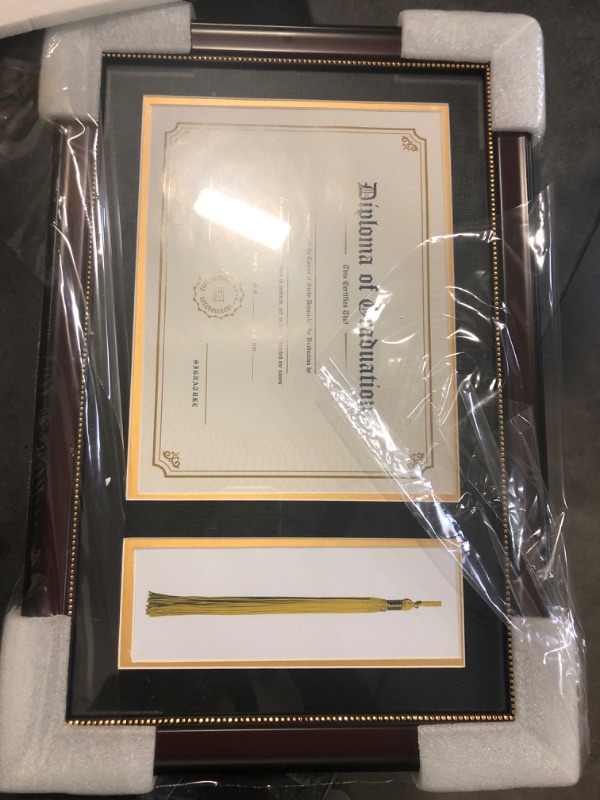 Photo 2 of GraduationMall 11x17 Mahogany Diploma Frame with Tassel Holder for 8.5x11 Certificate Document,Real Glass, Black over Gold Mat