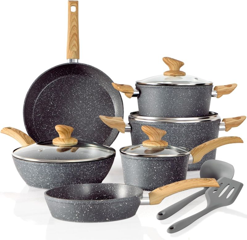 Photo 1 of Kitchen Academy Induction Cookware Sets - 12 Piece Gray Cooking Pan Set, Granite Nonstick Pots and Pans Set