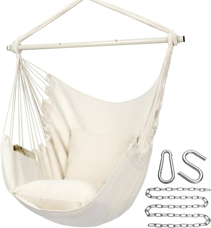 Photo 1 of Y- STOP Hammock Chair Hanging Rope Swing, Max 320 Lbs, 2 Seat Cushions Included, Hanging Chair with Pocket for Indoor and Outdoor, Natural