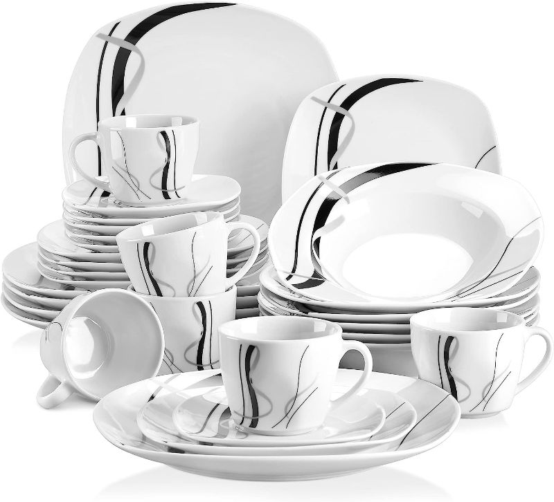 Photo 1 of VEWEET, Series Fiona, 30-Piece Dinnerware Sets for 6, White Dishes Set with Black and Gray Stripes, Porcelain Dinner Set Including Dessert Plates, Soup Plates, Dinner Plates, Cups & Saucers
