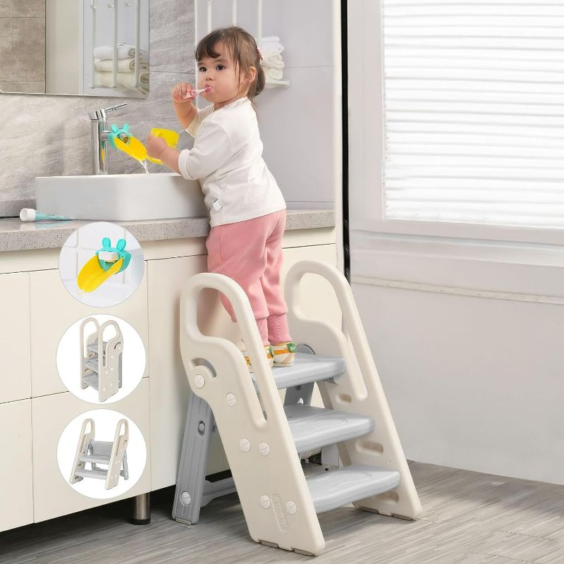 Photo 1 of Onasti Foldable Step Stool for Bathroom Sink, Adjustable 3 Step Stool for Kids Toilet Potty Training Stool with Handles, Child Kitchen Counter Stool Helper, Plastic Ladder for Toddlers Grey