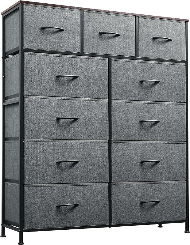Photo 1 of WLIVE 11-Drawer Dresser, Fabric Storage Tower for Bedroom, Hallway, Closets, Tall Chest Organizer Unit with Textured Print Fabric Bins, Steel Frame, Wood Top, Easy Pull Handle, Dark Grey