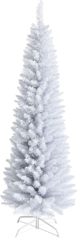 Photo 1 of Goplus 6FT Pencil Christmas Tree, Artificial Slim White Christmas Tree with 340 PVC Needles & Folding Metal Stand, Unlit Xmas Tree for Home Office Shops Hotels Decoration