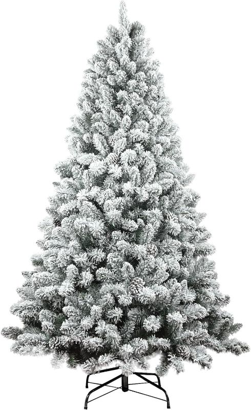 Photo 1 of 6ft Flocked Christmas Tree, Flocked Artificial Christmas Pine Tree, Flocked Hinged Xmas Tree with Pine Cone,Reinforced Metal Base & Easy Assembly,Snow Flocked Christmas Tree for Indoor and Outdoor
