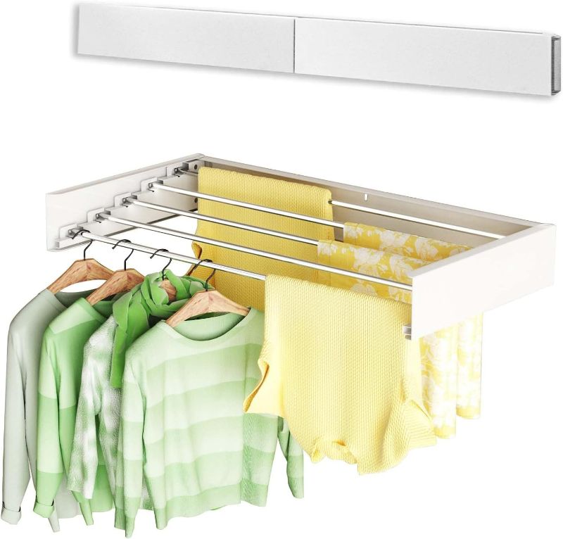 Photo 1 of Clothes Drying Rack Wall Mounted, 31.5" Drying Rack Clothing Retractable, Laundry Drying Rack Space Saving, Collapsible Drying Racks for Laundry Folding Indoor Outdoor, 5 Rods, White