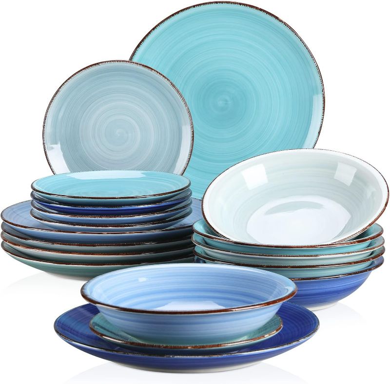 Photo 1 of vancasso Stoneware Dinnerware Set Bonita Blue 18-Piece Service for 6, Handpainted Spirals Pattern Stoneware Combination Set with 10.6in Dinner Plate, 7.5in Dessert Plate and 21oz Soup Bowl
