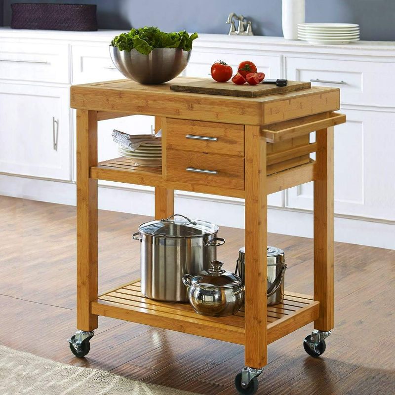 Photo 1 of Home Aesthetics Rolling Kitchen Island Cart with Drawers Shelves, Towel Rack, Locking Casters, Butcher Block Food Prepping Cart Trolley on Wheels, Bamboo Wood