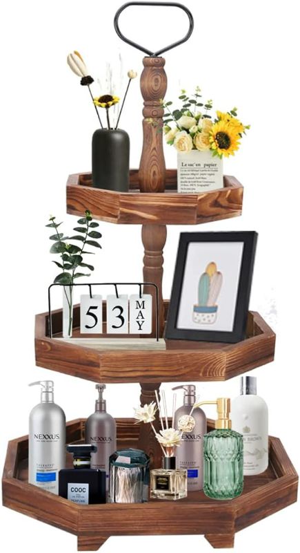 Photo 1 of 3 Tiered Tray, Rustic Cake Stand with Large Capacity Diameter of 15.6" 12.6" 8.8" Wooden Trays Farmhouse Decorative Tiered Tray for Kitchen Bathroom