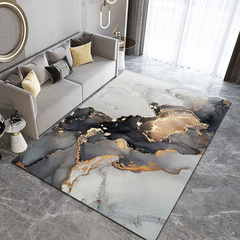 Photo 1 of Modern Style Area Rug, Grey Gold Swoosh Marble Bedroom Rug, Indoor Decorative Rug Anti-Slip Comfortable and Durable, Suitable for Office Bedroom Living Room-5ft×7ft