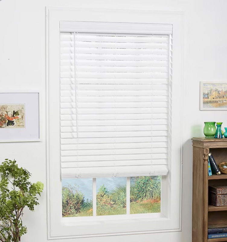 Photo 1 of Allen + Roth Trim at Home 2-in Slat Width 35-in x 72-in Cordless White Faux Wood Room Darkening Horizontal Blinds | 94620