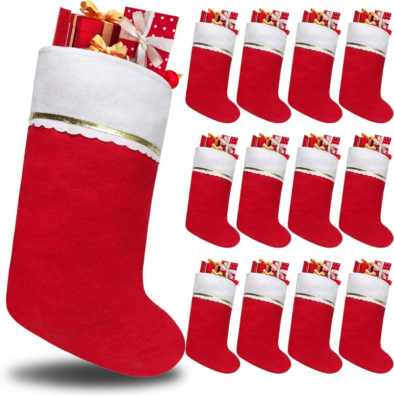 Photo 1 of Tokforty 12 Pack Felt Christmas Stockings,14Inches Red and White Christmas Stockings Hanging Ornaments, White Cuff with Gold Trim Christmas Stockings for Family Christmas Holiday Decorations
