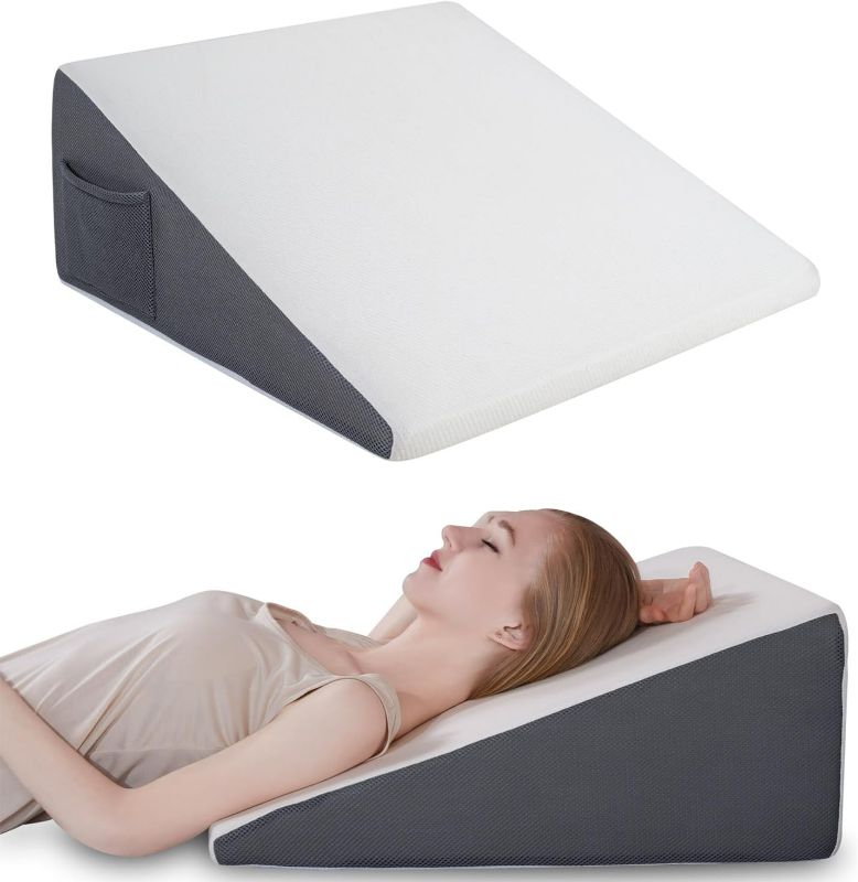 Photo 1 of GOHOME Bed Wedge Pillow with Bamboo Removable Cover,12" 24" 24" Memory Foam Top Triangle Pillow Wedge for Sleeping-Help with Acid Reflux, Heartburn, Snoring, Legs and Back Pain
