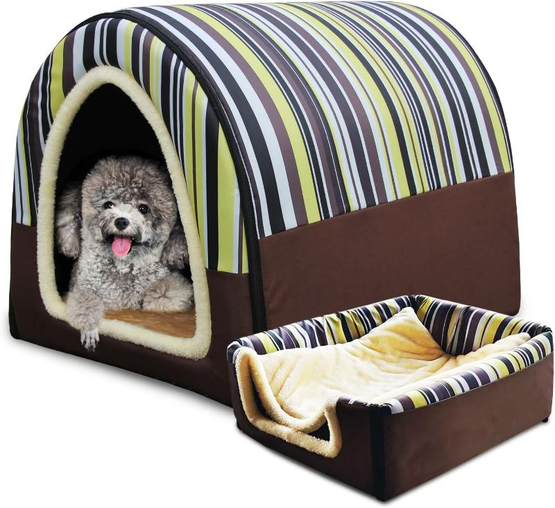 Photo 1 of Dog Bed or Cat Bed,2 Ways to Use,Indoor Pet House with Fluffy Mat,Removable and Washable Cover,Splash-Proof House and Non-Slip Bottom,for Cats and Small Dogs(M Vertical Stripes)

